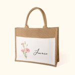 Personalisierte Leinen Jute Geburt Blume Strand Tragetasche mit Namen Geburtstag Hochzeit Geschenk für Frauen