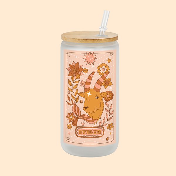 Verre rétro personnalisé en verre givré avec couvercle en bambou et paille Cadeau d'anniversaire en astrologie pour la famille et les amis