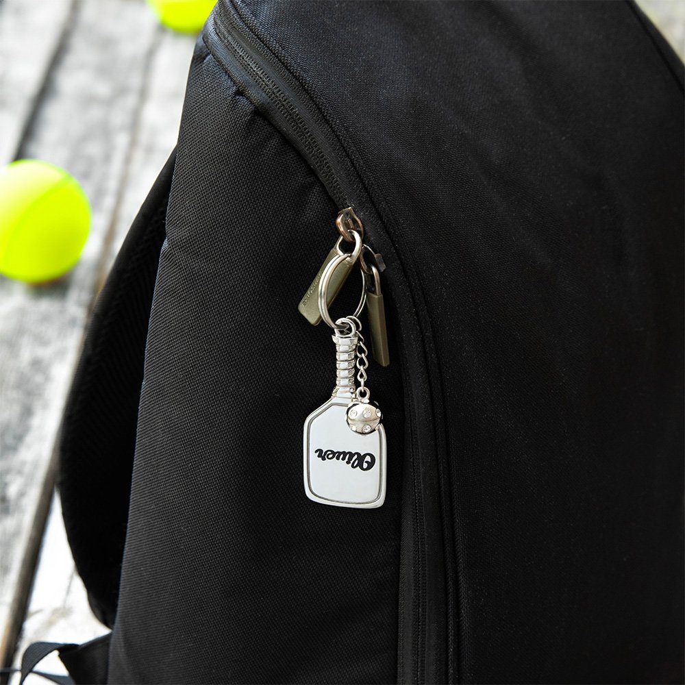 Portachiavi personalizzato con nome inciso della racchetta da pickleball in acciaio inossidabile con mini charm per pickleball Accessorio per zaino pe 6
