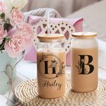 Personalised Flower Initial 20oz Glass Cup with Bamboo Lid and Straw Birthday Wedding Gift for Her