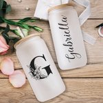 Personalised Flower Initial 20oz Glass Cup with Bamboo Lid and Straw Birthday Wedding Gift for Her