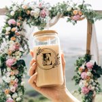 Personalised Flower Initial 20oz Glass Cup with Bamboo Lid and Straw Birthday Wedding Gift for Her