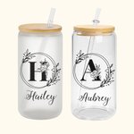 Personalised Flower Initial 20oz Glass Cup with Bamboo Lid and Straw Birthday Wedding Gift for Her