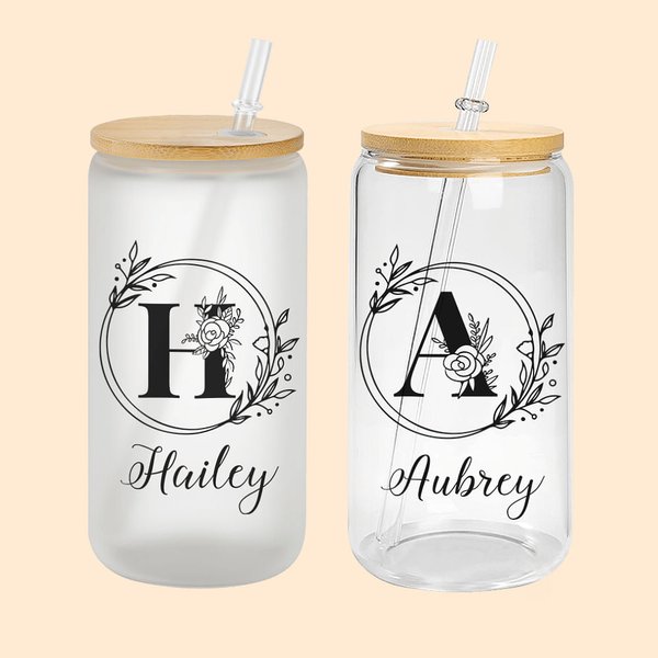 Personalised Flower Initial 20oz Glass Cup with Bamboo Lid and Straw Birthday Wedding Gift for Her
