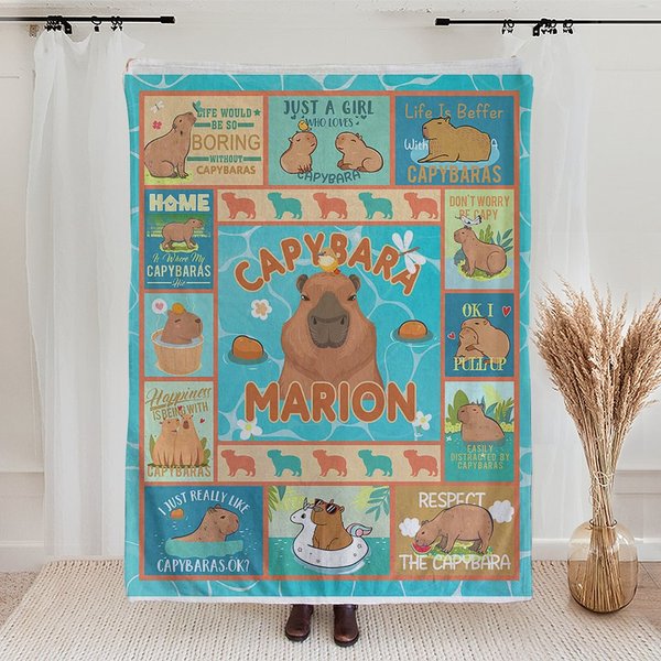 Gepersonaliseerde Capybara Happy Life Schattige Dieren Deken met Naam Verjaardagscadeau voor Capybara Liefhebber