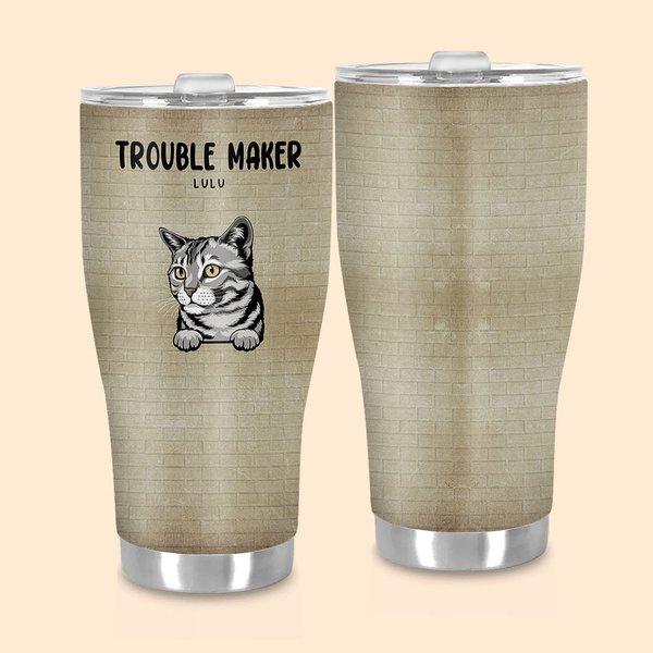 Personalised Trouble Maker 30oz Curved Tumbler Cute Cat Dog Insulated Coffee Cup Gift for Pet Lover Owner