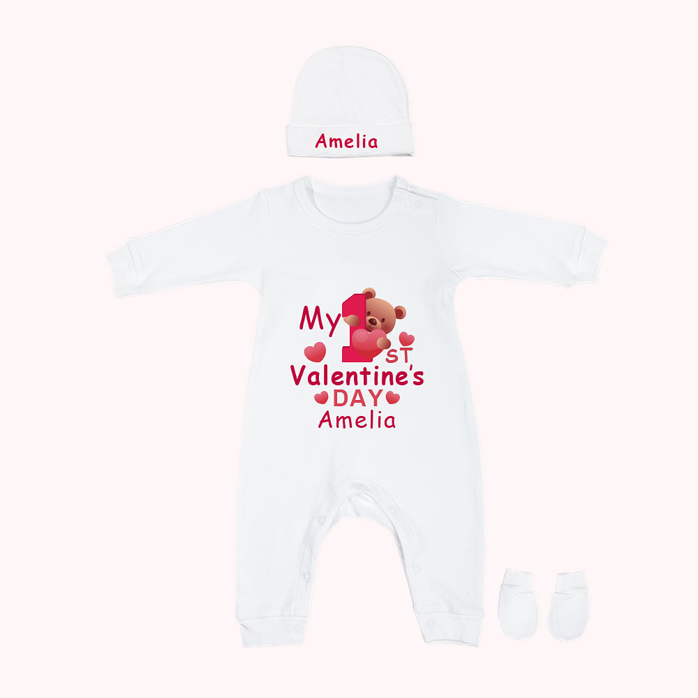 Personalisierte My 1st Valentinstag Baumwolle lange Ärmel Baby Bodysuit mit Liebe Bär und Name Valentinstag Geschenk für Baby Kleinkind