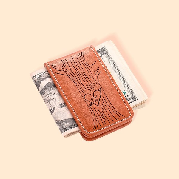 Personalized Leather Magnetic Love Tree Money Clip with Engraved Initials and Year Anniversary Valentine's Day Gift for Men