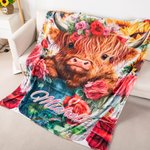 Mucca Highland personalizzata in un secchio Coperta in pile con nome animale floreale Coperta per la casa Decorazione di Natale Regalo di compleanno p