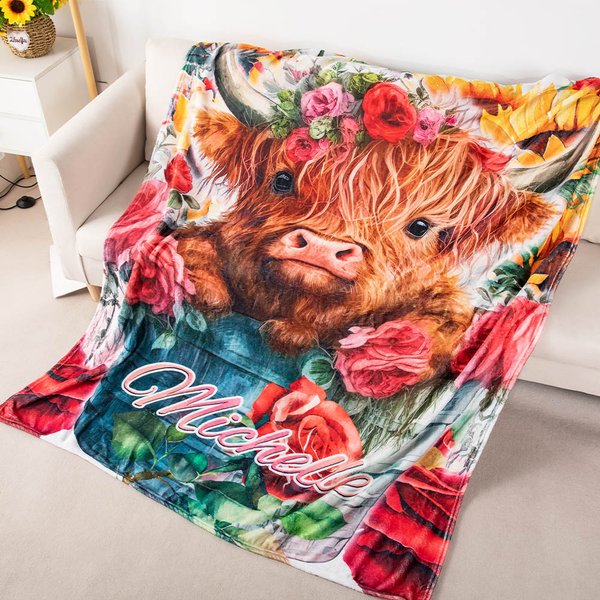 Mucca Highland personalizzata in un secchio Coperta in pile con nome animale floreale Coperta per la casa Decorazione di Natale Regalo di compleanno p