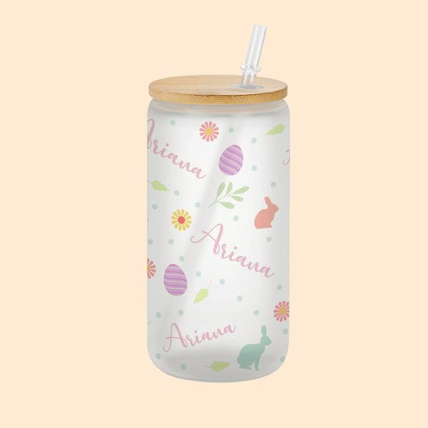 Tazza di vetro smerigliato da 20 once con coperchio in bambù e cannuccia Regalo di Pasqua per bambini