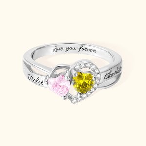 Henkilökohtainen Double Heart Birthstone Promise Ring kaiverrettu teksti Ystävänpäivä lahja hänelle