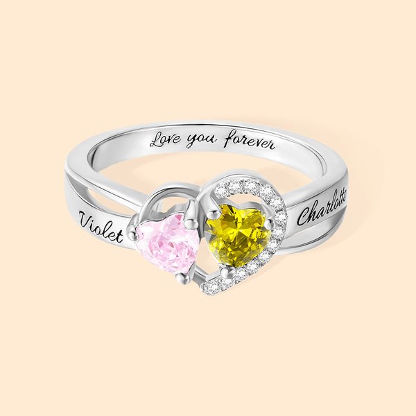 Henkilökohtainen Double Heart Birthstone Promise Ring kaiverrettu teksti Ystävänpäivä lahja hänelle