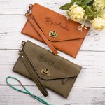Personalized Leather Retro Pouch Wrist Bag Wallet with Birth Flower and Name Birthday Mother's Day Gift for Her