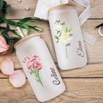 Verre Canette Personnalisé avec Fleur et Nom Verre avec Couvercle en Bambou et Paille Cadeau Anniversaire pour Femme