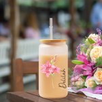 Verre Canette Personnalisé avec Fleur et Nom Verre avec Couvercle en Bambou et Paille Cadeau Anniversaire pour Femme