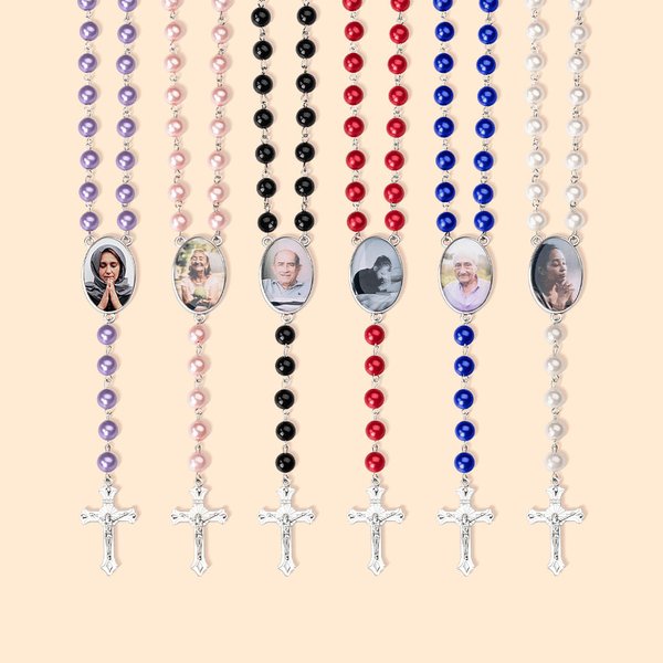 Gepersonaliseerde Multi-Color Rozenkrans Kralen Kruis Ketting met Foto Gedenkcadeau voor Vrouwen