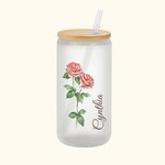 Verre Canette Personnalisé avec Fleur et Nom Verre avec Couvercle en Bambou et Paille Cadeau Anniversaire pour Femme