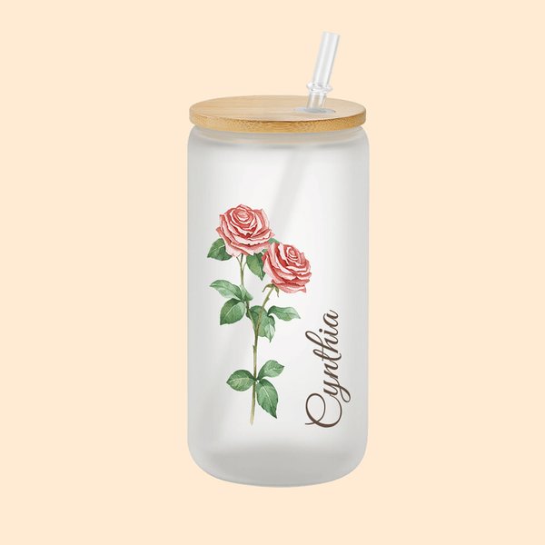 Vaso de cristal esmerilado personalizado 20oz Flor de nacimiento con tapa de bambú y pajita Regalo de cumpleaños para mujer