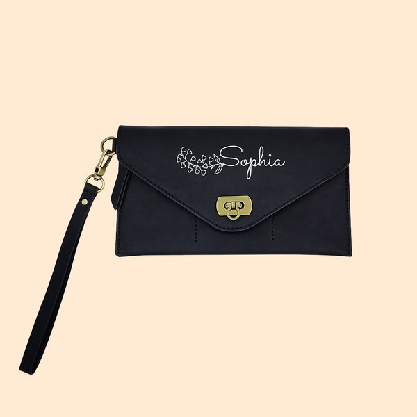Personalized Leather Retro Pouch Wrist Bag Wallet with Birth Flower and Name Birthday Mother's Day Gift for Her