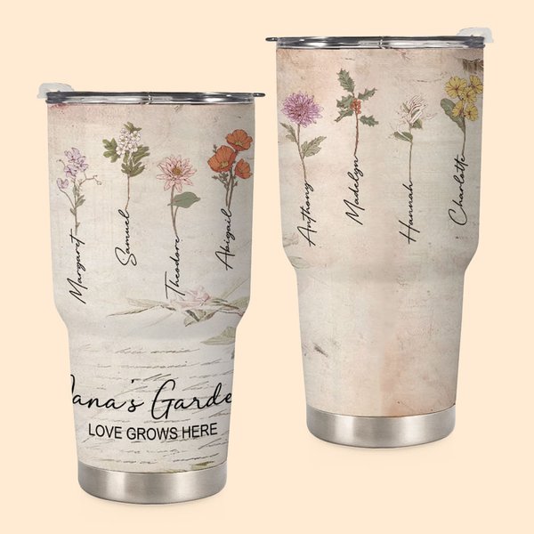 Personalised Watercolour Birth Flower 30oz Insulated Tumbler with Name and Love Grows Here Quote Birthday Gift for Mom Grandma