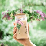Verre Canette Personnalisé avec Fleur et Nom Verre avec Couvercle en Bambou et Paille Cadeau Anniversaire pour Femme