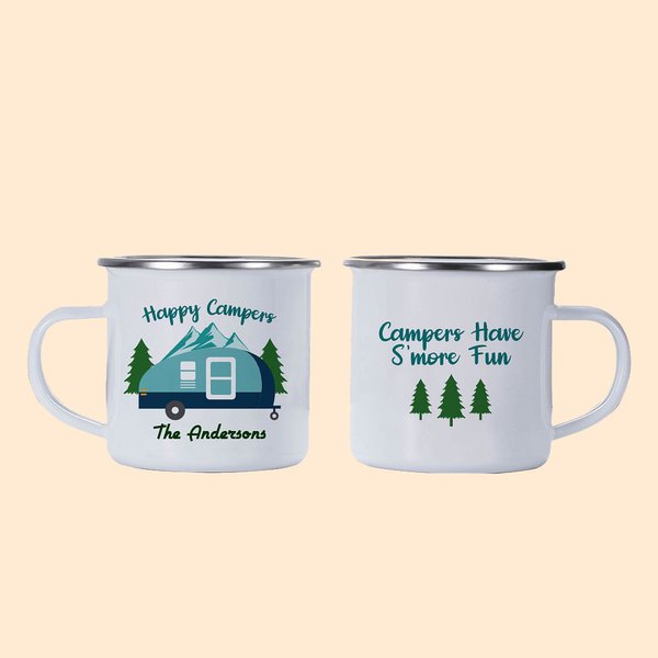 Personalized Happy Camper 11oz Enamel Mug Caravan Pine Tree Coffee Cup Birthday Gift for Camping Outdoor Travel Lover