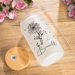 Gobelet en Verre Personnalisé avec Fleur de Naissance Zodiaque Nom Verre avec Couvecle et Paille Cadeau Anniversaire Fête des Mères pour Femme