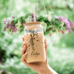 Gobelet en Verre Personnalisé avec Fleur de Naissance Zodiaque Nom Verre avec Couvecle et Paille Cadeau Anniversaire Fête des Mères pour Femme