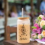 Gobelet en Verre Personnalisé avec Fleur de Naissance Zodiaque Nom Verre avec Couvecle et Paille Cadeau Anniversaire Fête des Mères pour Femme