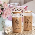 Gobelet en Verre Personnalisé avec Fleur de Naissance Zodiaque Nom Verre avec Couvecle et Paille Cadeau Anniversaire Fête des Mères pour Femme