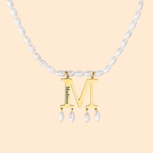 Personalised Initial Adjustable Pendant Pearl Necklace with Name Birthday Gift for Her