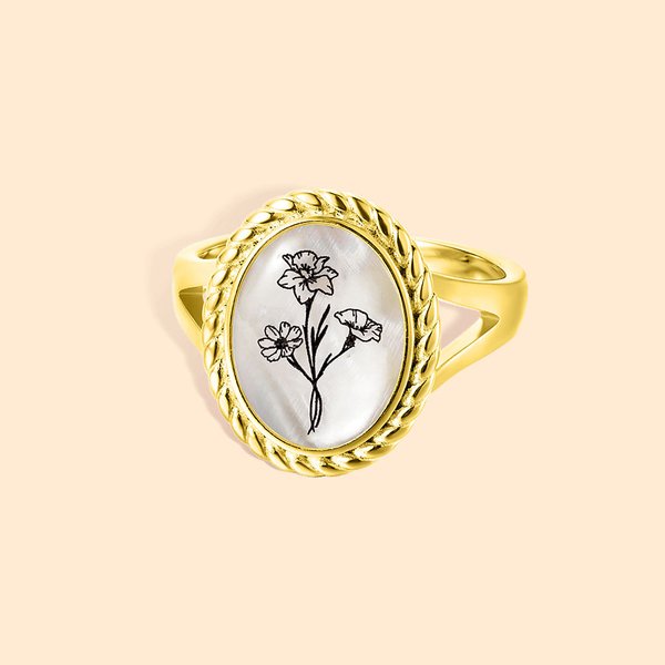 Personnalisé 1-4 Bouquet de fleurs de naissance Bague gravée Bijoux en nacre Cadeau d'anniversaire de la fête des mères pour les femmes