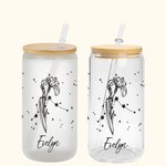 Gobelet en Verre Personnalisé avec Fleur de Naissance Zodiaque Nom Verre avec Couvecle et Paille Cadeau Anniversaire Fête des Mères pour Femme