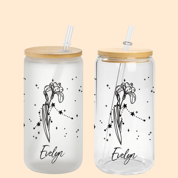Vaso de Cristal Personalizado Flor de Nacimiento del Zodiaco 20oz Taza de Café Floral con Tapa de Bambú y Pajita Regalo de Cumpleaños para Mujer