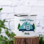Personalized Happy Camper 11oz Enamel Mug Caravan Pine Tree Coffee Cup Birthday Gift for Camping Outdoor Travel Lover