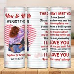 Gepersonaliseerde You & Me 20oz Roestvrij staal Skinny Tumbler met namen en deksel Rietje Borstel Valentijnsdag Verjaardagscadeau voor echtpaar