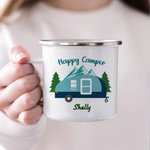 Personalized Happy Camper 11oz Enamel Mug Caravan Pine Tree Coffee Cup Birthday Gift for Camping Outdoor Travel Lover