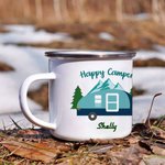 Personalized Happy Camper 11oz Enamel Mug Caravan Pine Tree Coffee Cup Birthday Gift for Camping Outdoor Travel Lover