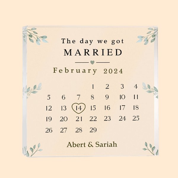 Gepersonaliseerde De Dag Van Het Huwelijk Kalender Acryl Vierkant Plak met de Namen van het Echtpaar Valentijnsdag Huwelijksgeschenk voor Echtpaar
