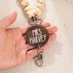 Personalised Boho Beaded Lanyard ID Badge Reel with Wood Name Disc Back to School Appreciation Gift for Teacher