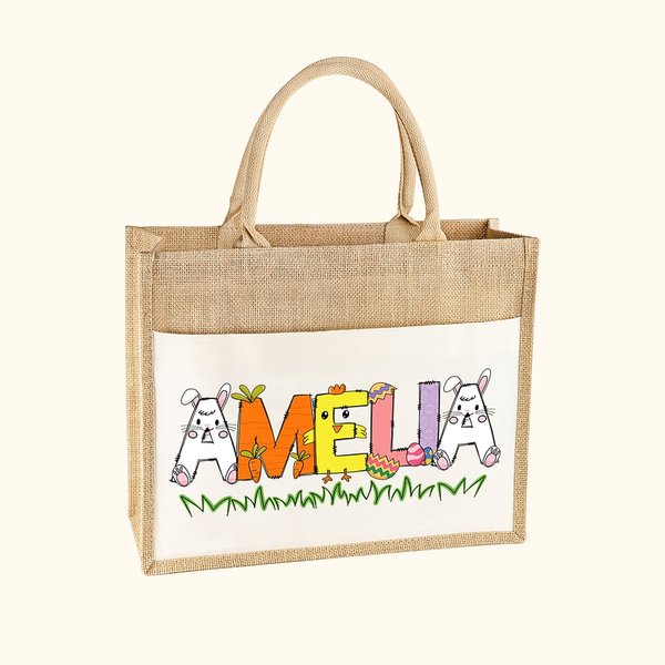 Conejito Personalizado Pollito Huevos de Pascua Letras Yute Bolsa de lona con nombre Regalo de Pascua para niño