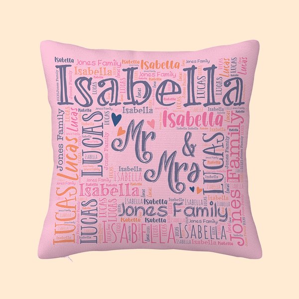 Funda de almohada personalizada multicolor de la nube de la palabra del estilo de la firma Regalo de boda del día de San Valentín para la pareja