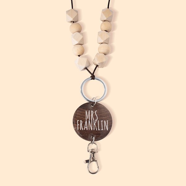 Personalised Boho Beaded Lanyard ID Badge Reel with Wood Name Disc Back to School Appreciation Gift for Teacher