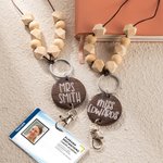 Personalised Boho Beaded Lanyard ID Badge Reel with Wood Name Disc Back to School Appreciation Gift for Teacher