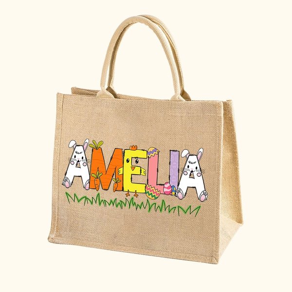 Conejito personalizado Pollito Huevos de Pascua Letras Bolsa de yute con nombre Regalo de Pascua para niño
