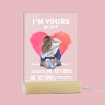 Gepersonaliseerd Roze Hart LED Nachtlampje met Houten Voet Ik Ben Van Jou Geen Retour of Restitutie Valentijnsdag Cadeau voor Paar