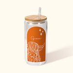 Vaso de cristal con pajita y bambú personalizado con el nombre de la vaca de las tierras altas multicolor Regalo de cumpleaños para los amantes de las