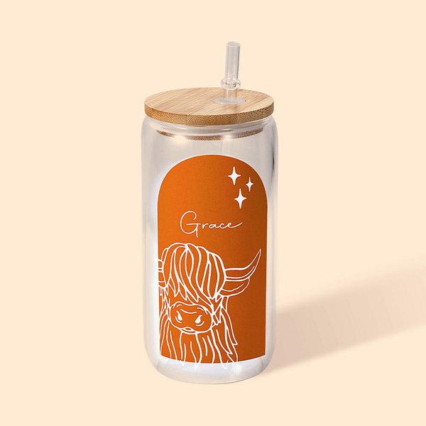 Personalized Multicolor Name Highland Cow  Glass Cup with Straw and Bamboo Birthday Gift for Cow Lovers