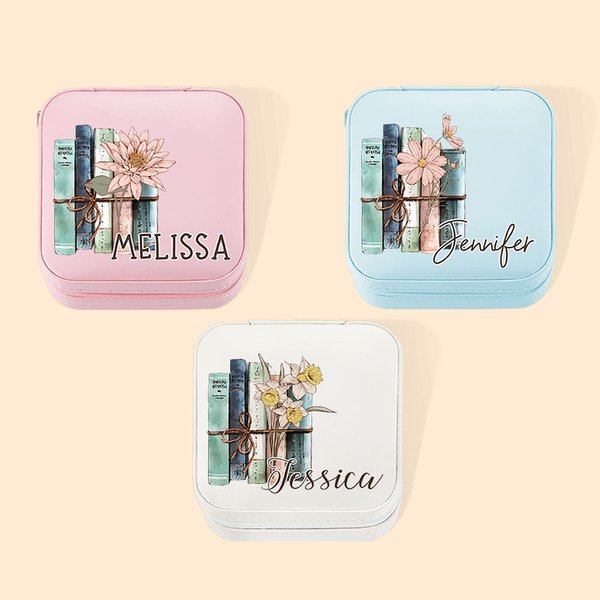 Boîte à Bijoux Personnalisée avec Nom et Fleurs de Naissance Accessoire de Voyage Cadeau Anniversaire Mariage pour Femme Amateur des Livres